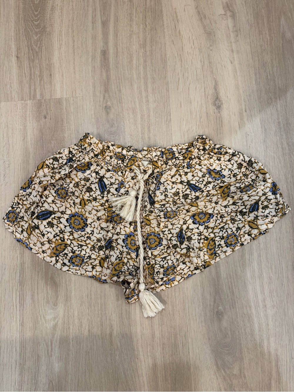 Ulla Johnson Cream Floral Drawstring Shorts with Blue and Gold Accents